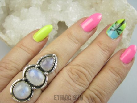 bpe9581 Orientalna Piękność Długi 3.8 cm cudownie zdobiony Pierścień Pierścionek Kamień Księżycowy r.19 Srebro 925 #