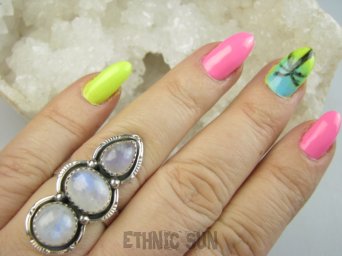 bpe9581 Orientalna Piękność Długi 3.8 cm cudownie zdobiony Pierścień Pierścionek Kamień Księżycowy r.19 Srebro 925 #