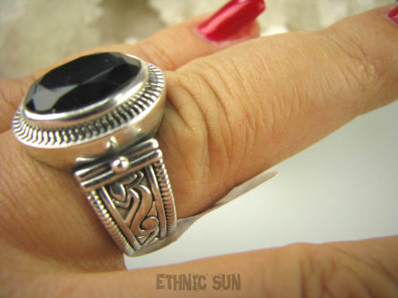 bpee3494 CUDOWNY Pierścień Obrączka szlifowany Czarny ONYKS r.20 szeroka obrączka Srebro 925 #