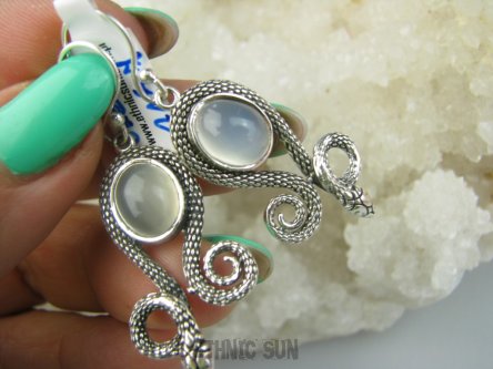 bke1157 SELENIT - ochronne SKRZYDŁO ANIOŁA Prześliczne !!!!! zdobią i chronią AMULET Płodności i Mądrości Wąż - Długie 5cm CUDOWNE Kolczyki Selenit  Kamień księżycowy Srebro 925