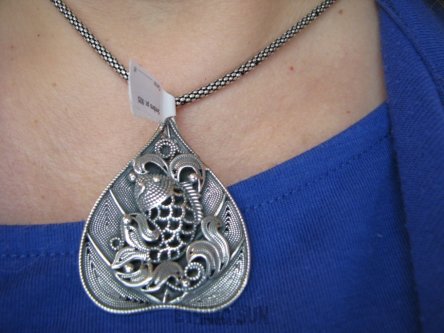 bwe2577 Duży 17.5 grama !!! Egzotyczny Piękny Oksydowany LIŚĆ WODNY LILIOWY, Dwustronny Wisior Cały ze Srebra Ryby amulet na szczęście i długie życie Srebro 925 #