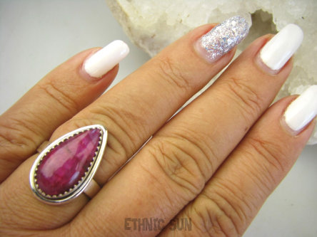 bpe8139 Rubinowa Kropla !!! Orientalny Delikatny Pierścień Rubin Indyjski Rubiny r.18 Srebro 925 #