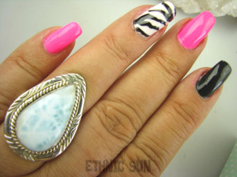 bpe7955 PIĘKNY OKAZ !!! Pierścień RZADKI Anielski kamień Błękitny LARIMAR - stawy, serce, lęki , otwiera czakrę gardła r.18 Srebro 925 #