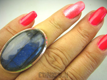 bpe8175 Klasyczny Długi Pierścień Labradoryt Spektrolit - kamień Zorzy Polarnej r.15 Lśniące Srebro 925 #