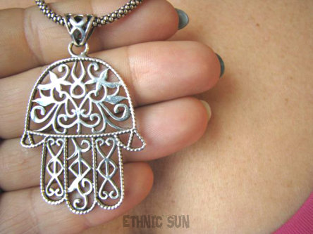 bwe729 Duży 5,5 cm  Mocny Amulet  SZCZĘSCIE I OCHRONA Hamsa DWUSTRONNY Ażurowy Wisior  TALIZMAN AMULET dla Kobiet i Mężczyzn DŁOŃ FATIMY Srebro 925