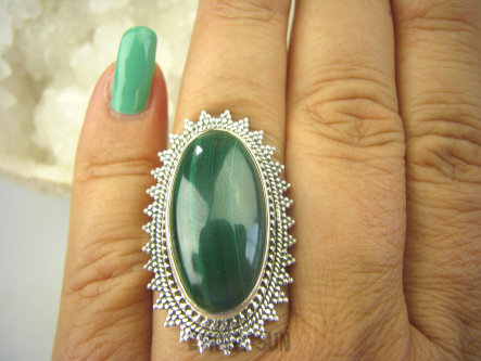 bpe8289 Przepiękny DUŻY Orientalny Pierscionek Pierścień naturalny zielony MALACHIT - pobudza kreatywność r.17 Srebro 925 #