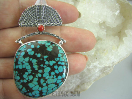 bwe2750 CUDOWNY DUŻY 6cm / 3,6 cm Wachlarz -  !!! UNIKAT Z NEPALU -  Wisior naturalny Turkusowy TURKUS Czerwony KORAL Turkusy Srebro 925 #