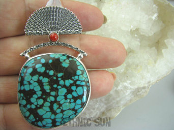 bwe2750 CUDOWNY DUŻY 6cm / 3,6 cm Wachlarz -  !!! UNIKAT Z NEPALU -  Wisior naturalny Turkusowy TURKUS Czerwony KORAL Turkusy Srebro 925 #