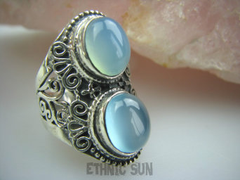 bpe5248 Egzotyczny Pierścień Błękitno - Niebieski CHALCEDON (TARCZYCA) czakra gardła r.14 Srebro 925 #