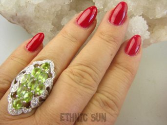 bpee4293 Długi Lśniący Pierścień Pierścionek naturalny Oliwin Peridot oraz Cyrkonie r.15 SREBRO RODOWANE 925 #