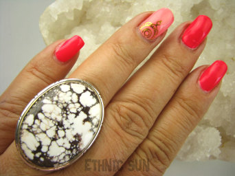 bpe7840 Duża BOSSKO PIĘKNA ŚNIEZYNKA Niespotykany Regulowany PIERŚCIEŃ JASPIS BREKCJA - Cudna KOMPOZYCJA BRĄZU I BIELI r.17, r.18, r.19, r.20, r.21 Srebro 925 #