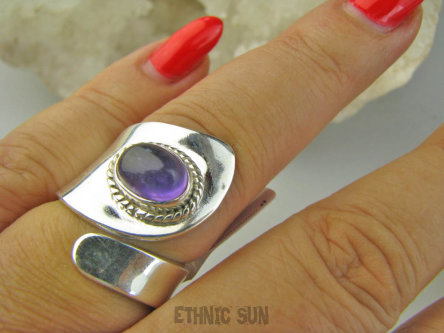 bpe9344 Artystyczny Lśniący Regulowany Pierścień Pierścionek Fioletowy Ametyst r.13, r.14, r.15, r.16, r.17 szeroka obrączka Srebro 925