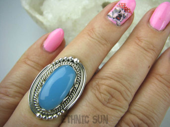 bpe5664 Piękny Klasyczny Pierścień Błękitno - Niebieski CHALCEDON czakra gardła (TARCZYCA)  r.15 Srebro 925 #