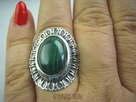 bpe4894 Śliczny Orientalny PIERŚCIEŃ z zielonym Malachitem Malachit - pobudza kreatywność r.17/ r.18 Srebro 925 #