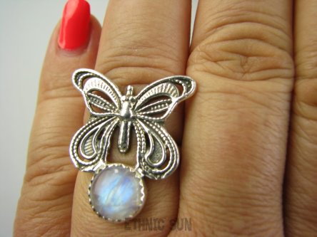 bpe9148 CUDO FILIGRAN! Ażurowy MOTYL - Symbol Miłości Szczęścia i Radości Pierścień, Pierścionek Kamień Księżycowy r.17 Srebro 925 #
