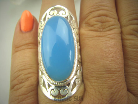 bpe5018 Cudowny, Ażurowy, Długi 4,1 cm Pierścień CHALCEDON - tarczyca (czakra gardła) r.15 Lśniące kute Srebro 925 #