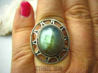 bpe29 Egzotyczne Słońce Pierścień seledynowy LABRADORYT SPEKTROLIT kamień Zorzy Polarnej  r.17 Srebro 925 #