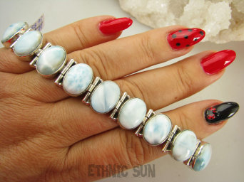 bb3685 Duża 32G Bransoleta Anielski Błękitny Larimar 9 sztuk duże okazy  - kamień na stawy, serce lęki, otwiera czakrę gardła Srebro 925 #