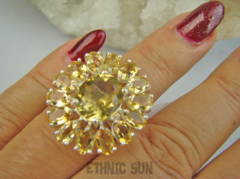 bpee4573 Lśniący Okaz Pierścień Pierścionek z Cytrynami szlifowany Cytryn Cytryny Regulowany r.13, r.14, r.15, r.16 Srebro 925 #