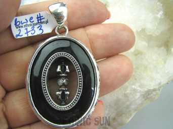 bwe2733 Duży 5,7 cm Bosko piękny Podłużny Masywny 19 gramów !!! Wisior Onyks, Blue Topaz, Amulet Obracający Młynek Modlitewny Dorje NEPAL SREBRO 925 #