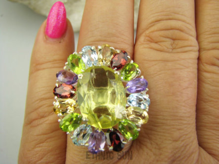 bpee4626 Wooow BOSKO PIĘKNY WIELOBARWNY Lux Pierścień Pierścionek naturalny Cytryn Lemon, Ametyst, Granaty, Oliwin, Blue Topaz r.17 SREBRO 925 #