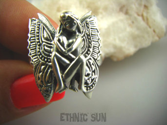 bpe3156  DUŻY ROZMIAR r.26 Amulet miłości i zaufania Przepiękny Pierścień cały ze srebra PARA ELFÓW w miłosnym uścisku ELF Wróżka  Srebro 925