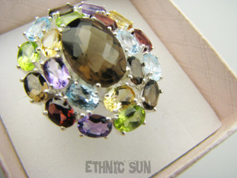 bpee4596 Wooow BOSKO PIĘKNY WIELOBARWNY Lux Pierścień Pierścionek naturalny Kwarc Dymny, Cytryn, Ametyst, Granaty, Oliwin, Blue Topaz r.18 SREBRO 925 #