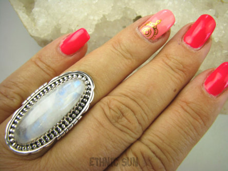 bpe7834 EGZOTYCZNY Pierścień Biały, Wielobarwny Kamień Księżycowy r.16/ r.17 Srebro 925 #