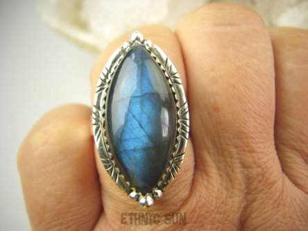 bpe9139 Czarodziejsko Piękny Orientalny Pierścień Pierścionek Labradoryt Spektrolit - kamień Zorzy Polarnej r.19/ r.20 Srebro 925 #
