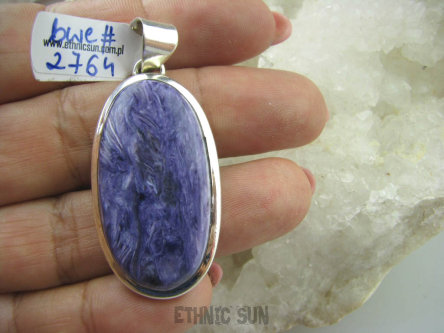 bwe2764 Długi 5,2 CM Drogocenny NIEZWYKŁY OKAZ !!!! WISIOR RZADKI Fioletowy CZAROIT z Syberii SYBERIA Srebro 925 #