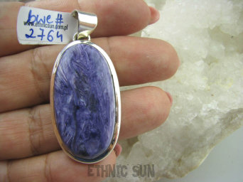 bwe2764 Długi 5,2 CM Drogocenny NIEZWYKŁY OKAZ !!!! WISIOR RZADKI Fioletowy CZAROIT z Syberii SYBERIA Srebro 925 #