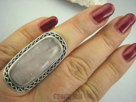 bpe4442 OGROMNY super długi 4 cm Pierścień KWARC Różowy Kamień mocnego SERCA r.16/ r.17 Srebro 925 #