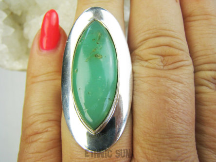 bpe9691 Przepiękny rzadki CHRYZOPRAZ , ciężki do dostania ZIELONY KOJĄCY Klasyczny Długi 4.2cm Pierścień Pierścionek Chryzopraz - eliminuje stres r.15 Lśniące Srebro 925 #