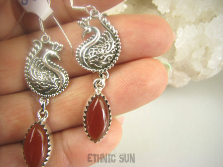 bke1143 Królewski Paw - symbol nieśmiertelności CUDOWNE Długie 6 cm Kolczyki czerwony Onyks regeneruje SERCE, EGZEMY, PAMIĘĆ Srebra SREBRO 925