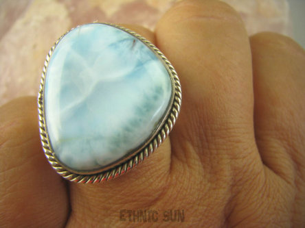 bpe6339 Anielski Pierścień Rzadki Błękitny Larimar (kamień Anielski ) - stawy, serce lęki, otwiera czakrę gardła r.20/ r.21 Srebro 925 #