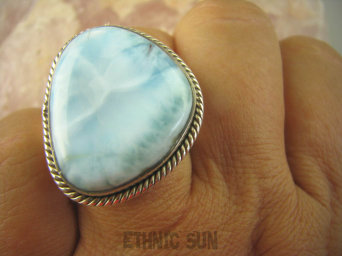 bpe6339 Anielski Pierścień Rzadki Błękitny Larimar (kamień Anielski ) - stawy, serce lęki, otwiera czakrę gardła r.20/ r.21 Srebro 925 #