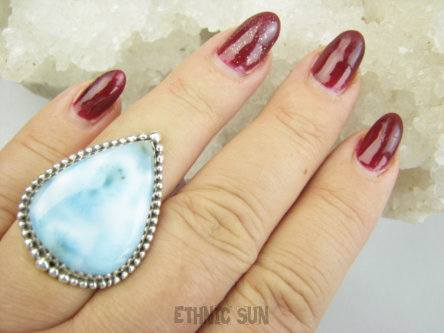 bpe9615 Anielski Pierścień Pierścionek Rzadki Niebieski Larimar (kamień Anielski ) - stawy, serce lęki, otwiera czakrę gardła r.17 Srebro 925 #