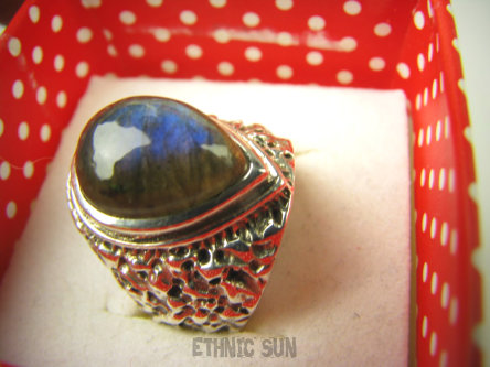 bpe8599 Egzotyczny Pierścień Pierścionek Labradoryt Spektrolit kamień Zorzy Polarnej r.13 zdobiona obrączka Srebro 925 #