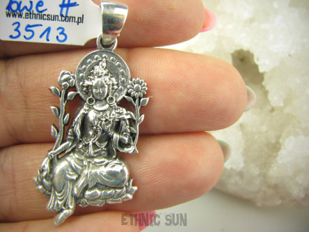bwe3513 PIĘKNA Bogini TARA - symbol ochrony i miłosierdzia !!! Precyzyjnie wykonana zawieszka Wisior Bogini Tara, Kwiat Lotosu cały ze srebra Srebro 925 #