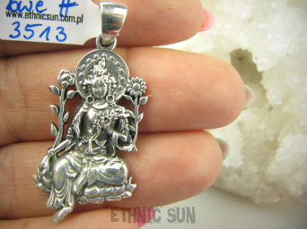 bwe3513 PIĘKNA Bogini TARA - symbol ochrony i miłosierdzia !!! Precyzyjnie wykonana zawieszka Wisior Bogini Tara, Kwiat Lotosu cały ze srebra Srebro 925 #