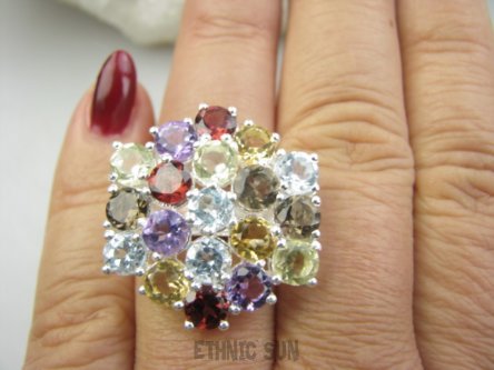 bpee4549 BOSKO PIĘKNY WIELOBARWNY Pierścień Pierścionek naturalny Cytryn, Ametyst, Blue Topaz, Granat, Kwarc Dymny r.15 SREBRO 925 #