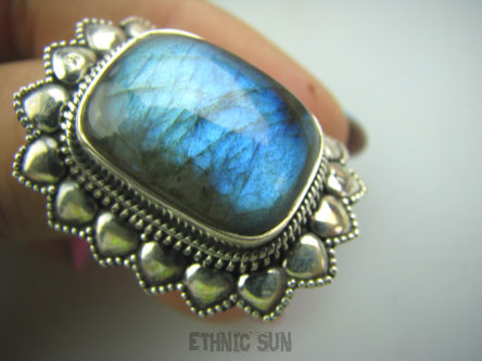 bpe5247 DUŻY  Piękny Kwiat Pierścień Labradoryt Spektrolit - kamień Zorzy Polarnej r.15/ r.16 Srebro 925 #