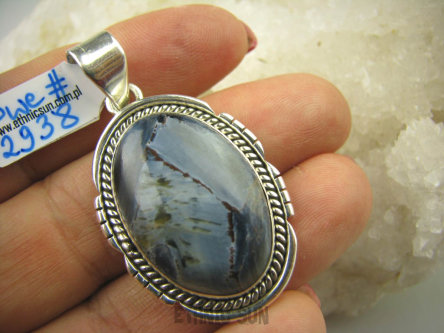 bwe2938 RZADKOŚĆ !!! Piękny UNIKAT Długi Wisior Iskrzący Szary PIETERSYT z Namibii - Kamień Burzy lśniące Srebro 925 #