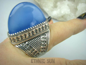 bpe5565 MAROKAŃSKIE CUDO XXL Duży Wysoki Masywny 25 gramów !!! PIERŚCIEŃ z szeroką obrączką Chalcedon -  (TARCZYCA) czakra gardłar  r.18 Srebro 925 Maroko #