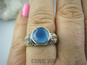 bpee3177 BAJECZNIE PIĘKNA Niezwykła obrączka zdobiony Pierścień Chalcedon (czakra gardła) TARCZYCA r.15 Srebro 925