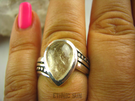 bpe2990 CUDOWNY NIEZWYKŁY Okaz Pierścień Złote Włosy Wenus Złoty Kwarc z Rutylem r.20 Srebro 925 #