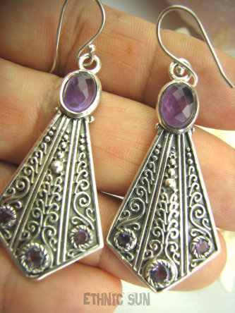 bkee778 DUŻE Długie 5,7 cm Orientalne WACHLARZE !!! Piękne KOLCZYKI z Ametystami Ametyst - kamień mądrości Srebro 925