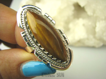 bpe8469 Orientalny Długi Pierścień Tygrysie Oko - Wspomaga Oczy Astma Krążenie i TRAWIENIE r.18 Srebro 925 #