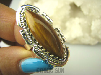bpe8469 Orientalny Długi Pierścień Tygrysie Oko - Wspomaga Oczy Astma Krążenie i TRAWIENIE r.18 Srebro 925 #
