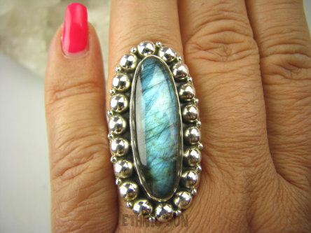 bpe7754 Czarodziejsko Piękny Orientalny Pierścień Labradoryt Spektrolit - kamień Zorzy Polarnej r.18 Srebro 925 #
